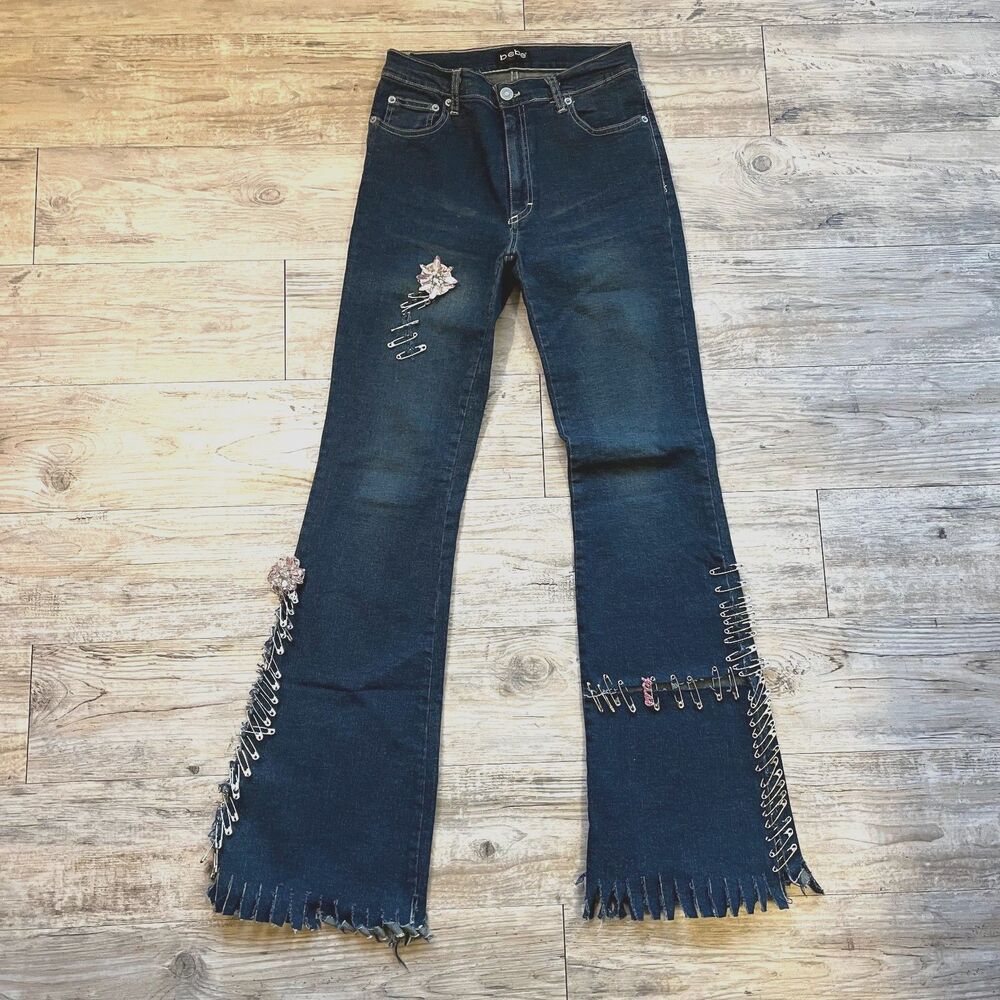 Y2K Unique Jeans Bebe Medium Patchwork Safety Pin Charm 2000s 1 of 1 Handmade